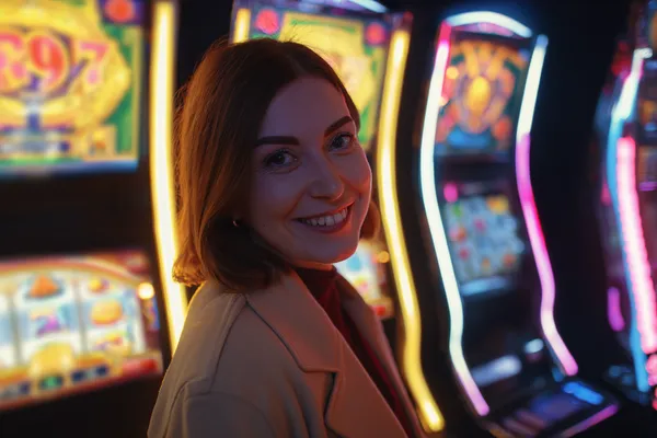 A glamorous woman holding casino chips in a neon-lit environment, representing the premium online casino atmosphere of MC888C.